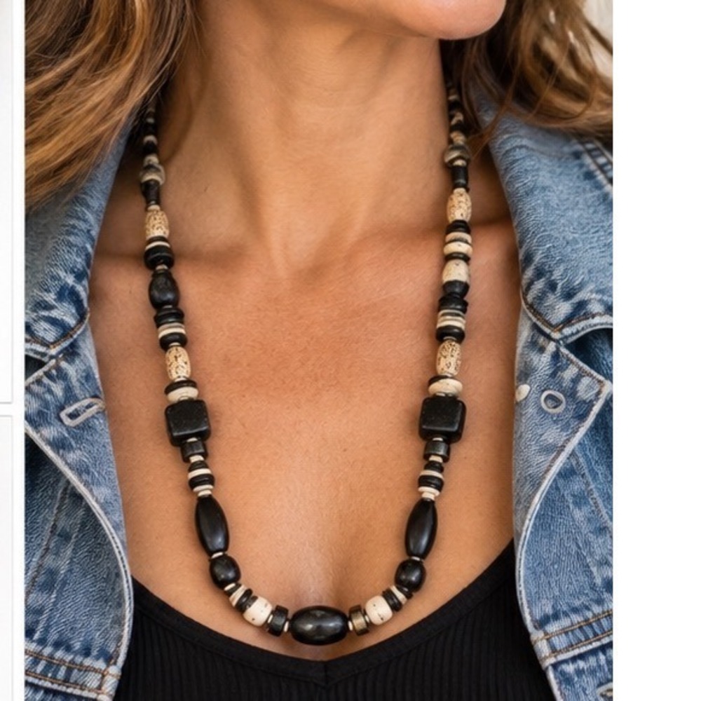 Long Chunky Wood Beaded Statement Necklace Black Cream Geometric Tribal Boho